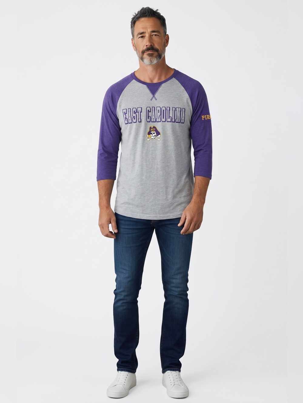 Colosseum Men’s 3/4 Sleeve East Carolina Tee Shirt // Gray & Purple // Large